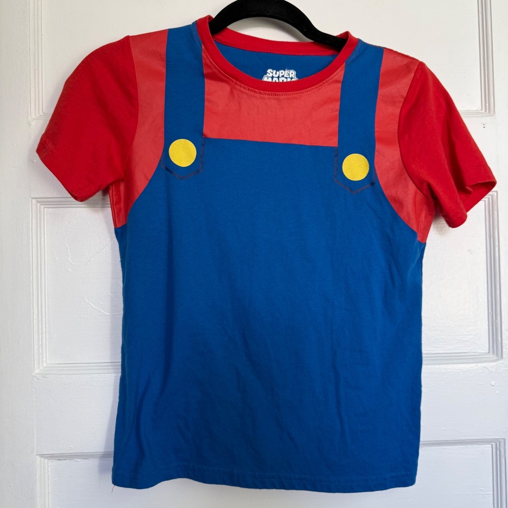 Nintendo Super Mario Costume T-Shirt Kids Size 8 Red Blue Hybrid Apparel